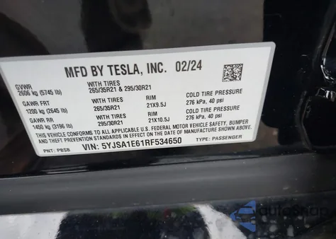 2024 Tesla Model S from USA, damaged, VIN 5YJSA1E61RF534650